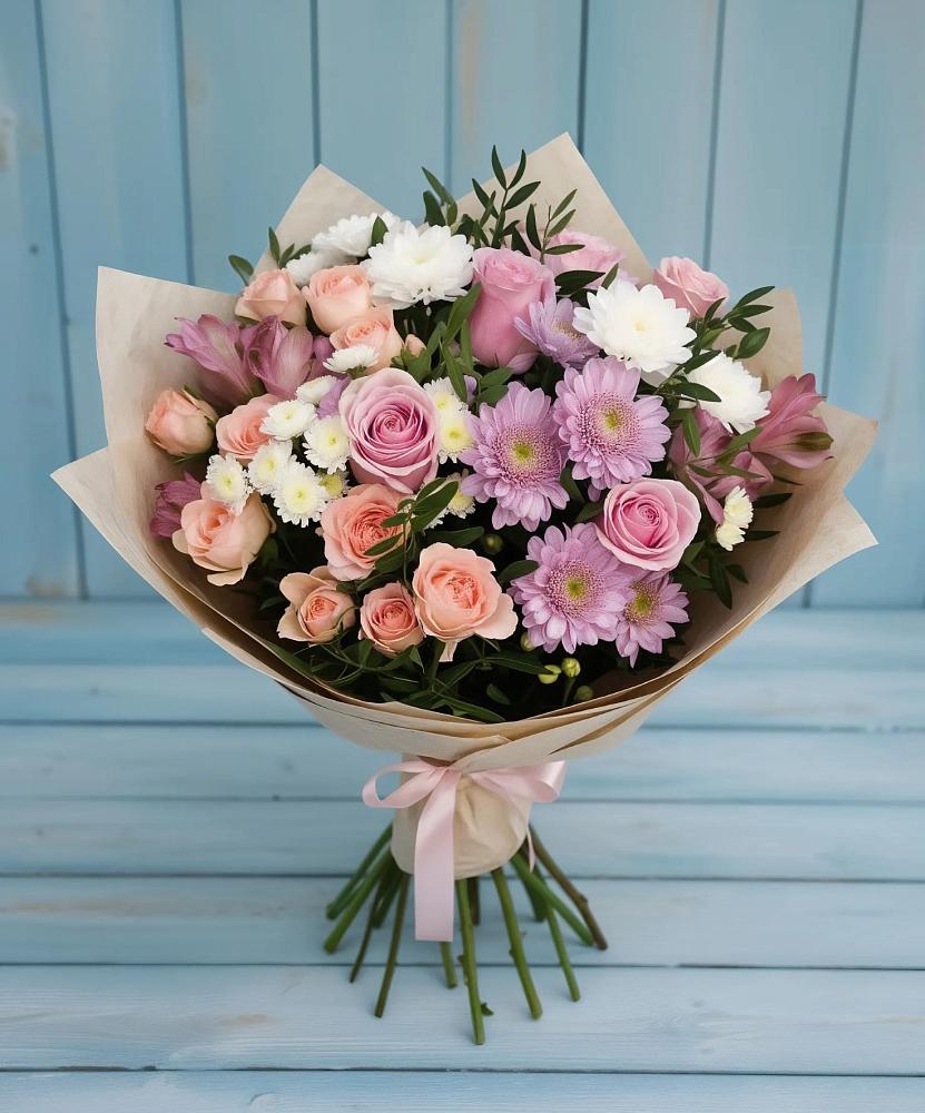 Букет цветов из: Хризантемы, Розы и Альстромерии в Быкогорке