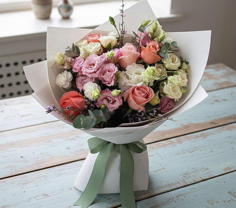 Букет цветов из: Розы, Лизиантусы и Гвоздики в Быкогорке