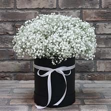 Цветочная композиция из Гипсофила в шляпной коробке в Быкогорке